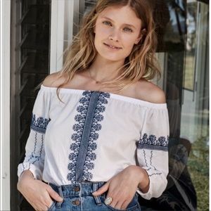 Madewell Peasant Top White Blue Embroidered Blouse